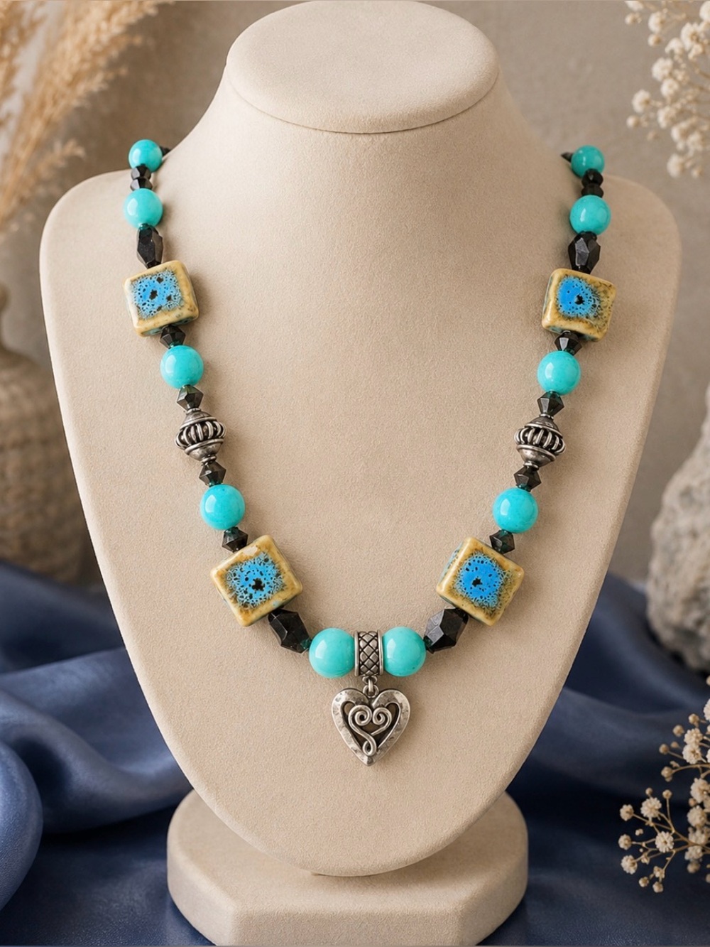 Glazed Ceramic and Glass bead Necklace with Sterling Silver Heart & Beads